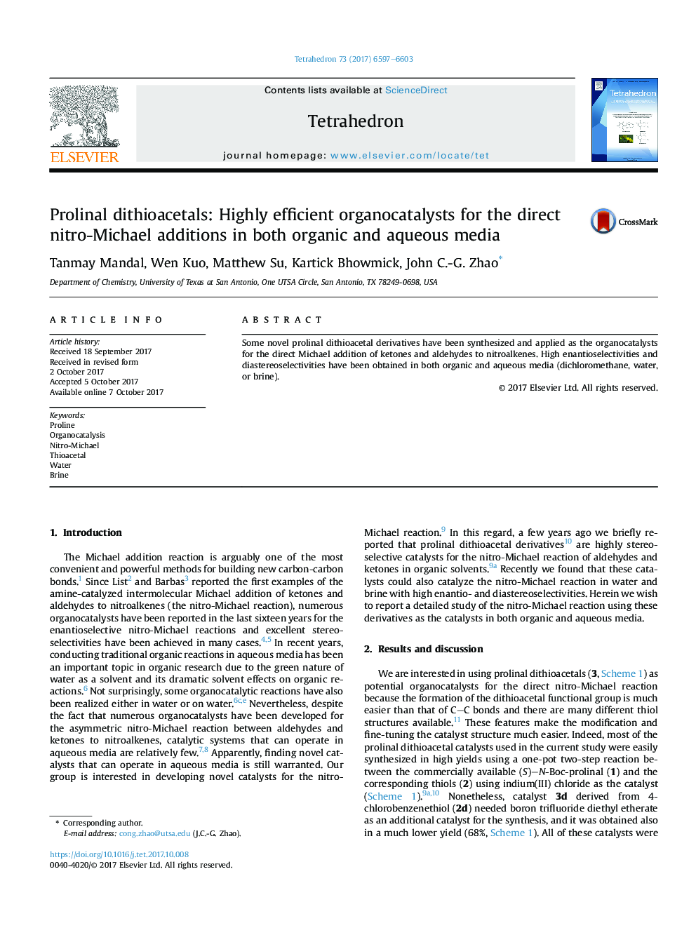 Prolinal dithioacetals: Highly efficient organocatalysts for the direct nitro-Michael additions in both organic and aqueous media