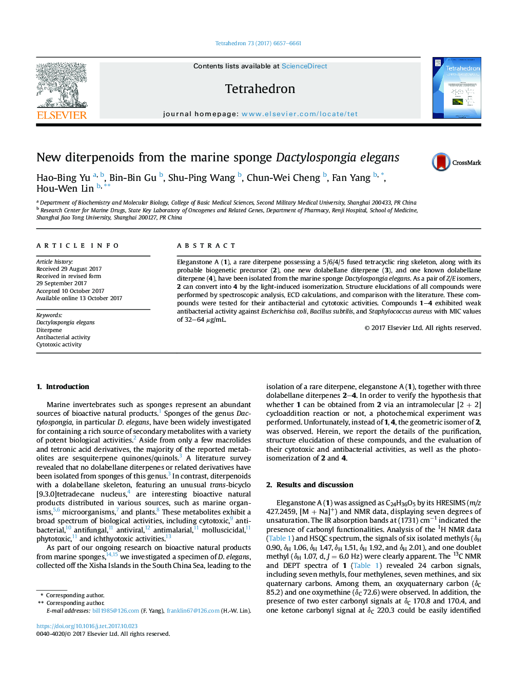 New diterpenoids from the marine sponge Dactylospongia elegans