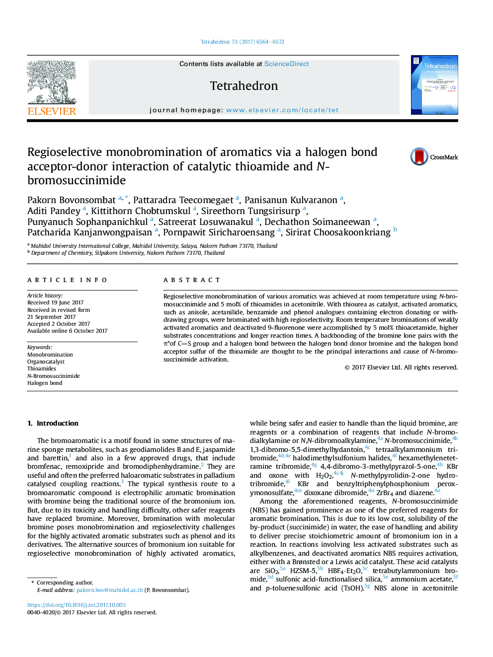 Regioselective monobromination of aromatics via a halogen bond acceptor-donor interaction of catalytic thioamide and N-bromosuccinimide