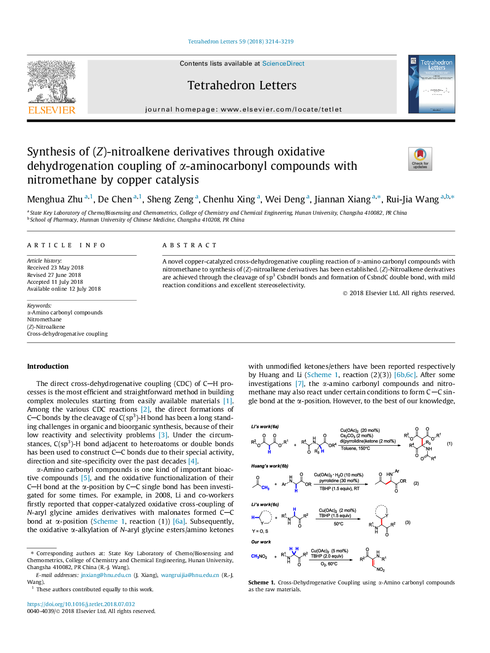 Synthesis of (Z)-nitroalkene derivatives through oxidative dehydrogenation coupling of Î±-aminocarbonyl compounds with nitromethane by copper catalysis