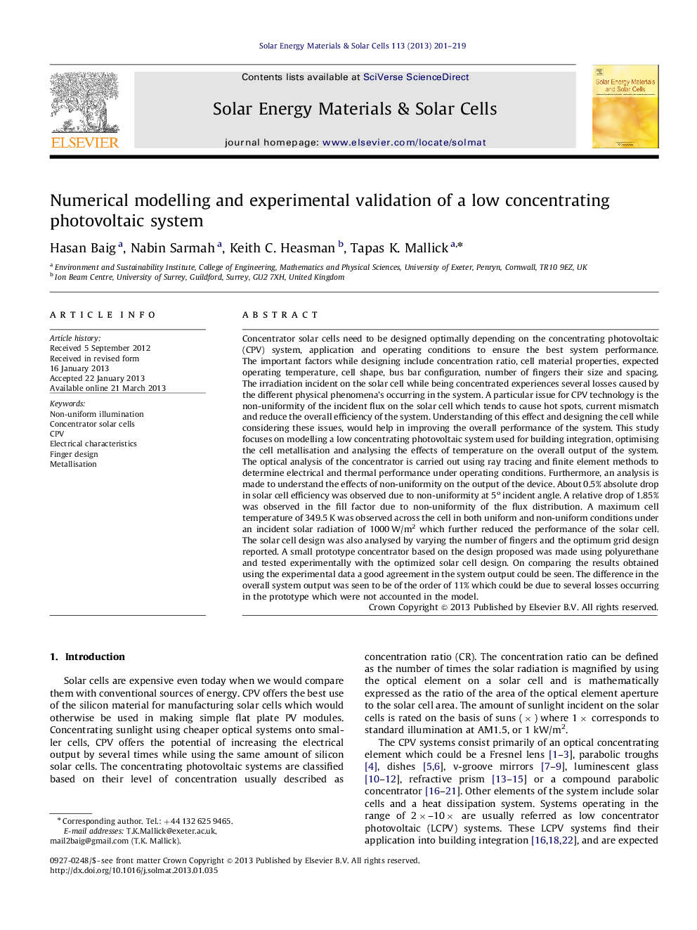 Numerical modelling and experimental validation of a low concentrating photovoltaic system