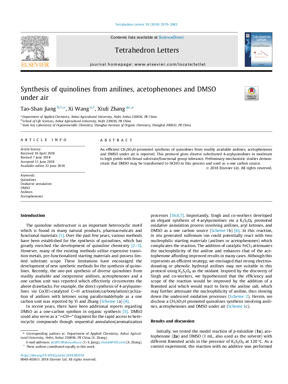 Synthesis of quinolines from anilines, acetophenones and DMSO under air