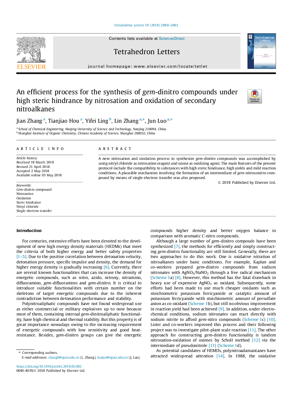 An efficient process for the synthesis of gem-dinitro compounds under high steric hindrance by nitrosation and oxidation of secondary nitroalkanes