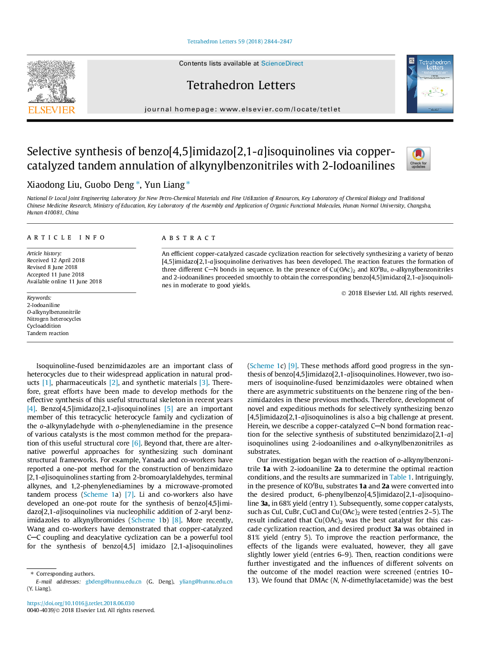 Selective synthesis of benzo[4,5]imidazo[2,1-a]isoquinolines via copper-catalyzed tandem annulation of alkynylbenzonitriles with 2-Iodoanilines