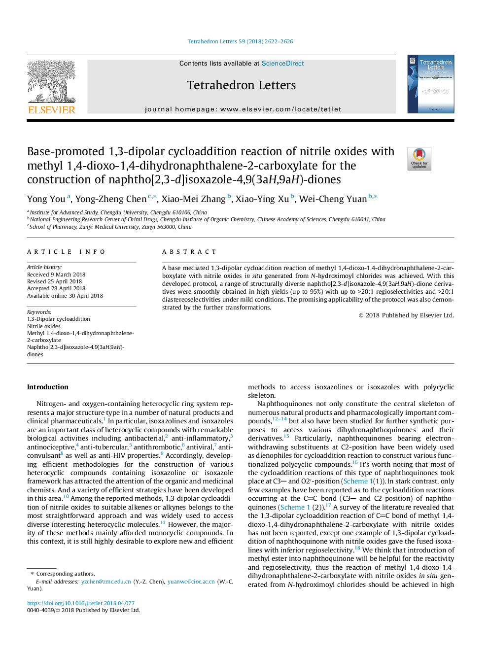 Base-promoted 1,3-dipolar cycloaddition reaction of nitrile oxides with methyl 1,4-dioxo-1,4-dihydronaphthalene-2-carboxylate for the construction of naphtho[2,3-d]isoxazole-4,9(3aH,9aH)-diones