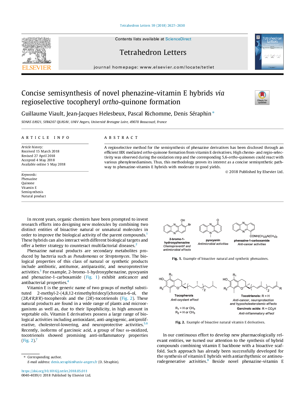 Concise semisynthesis of novel phenazine-vitamin E hybrids via regioselective tocopheryl ortho-quinone formation