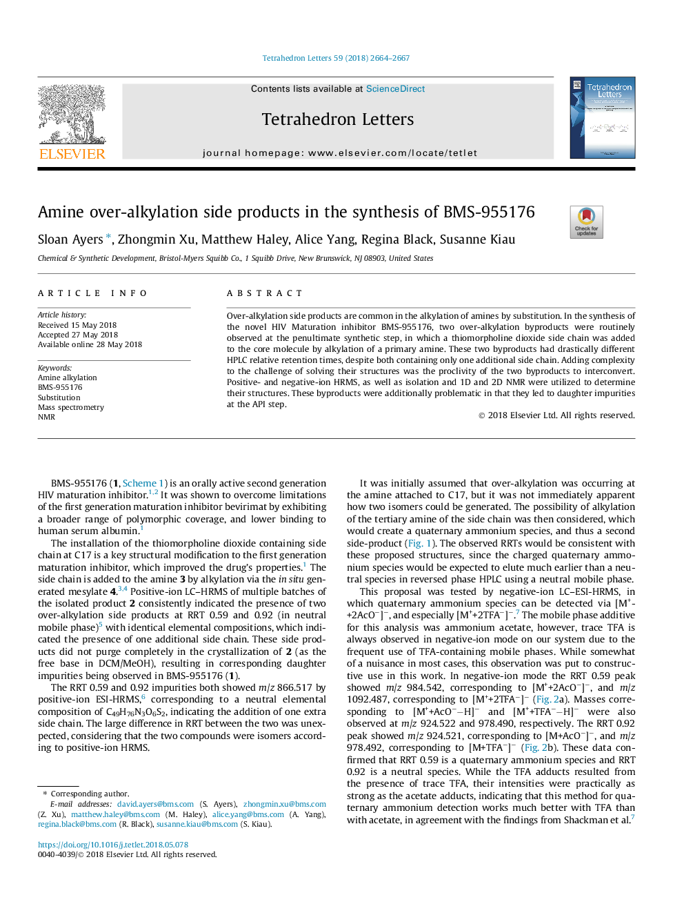 Amine over-alkylation side products in the synthesis of BMS-955176