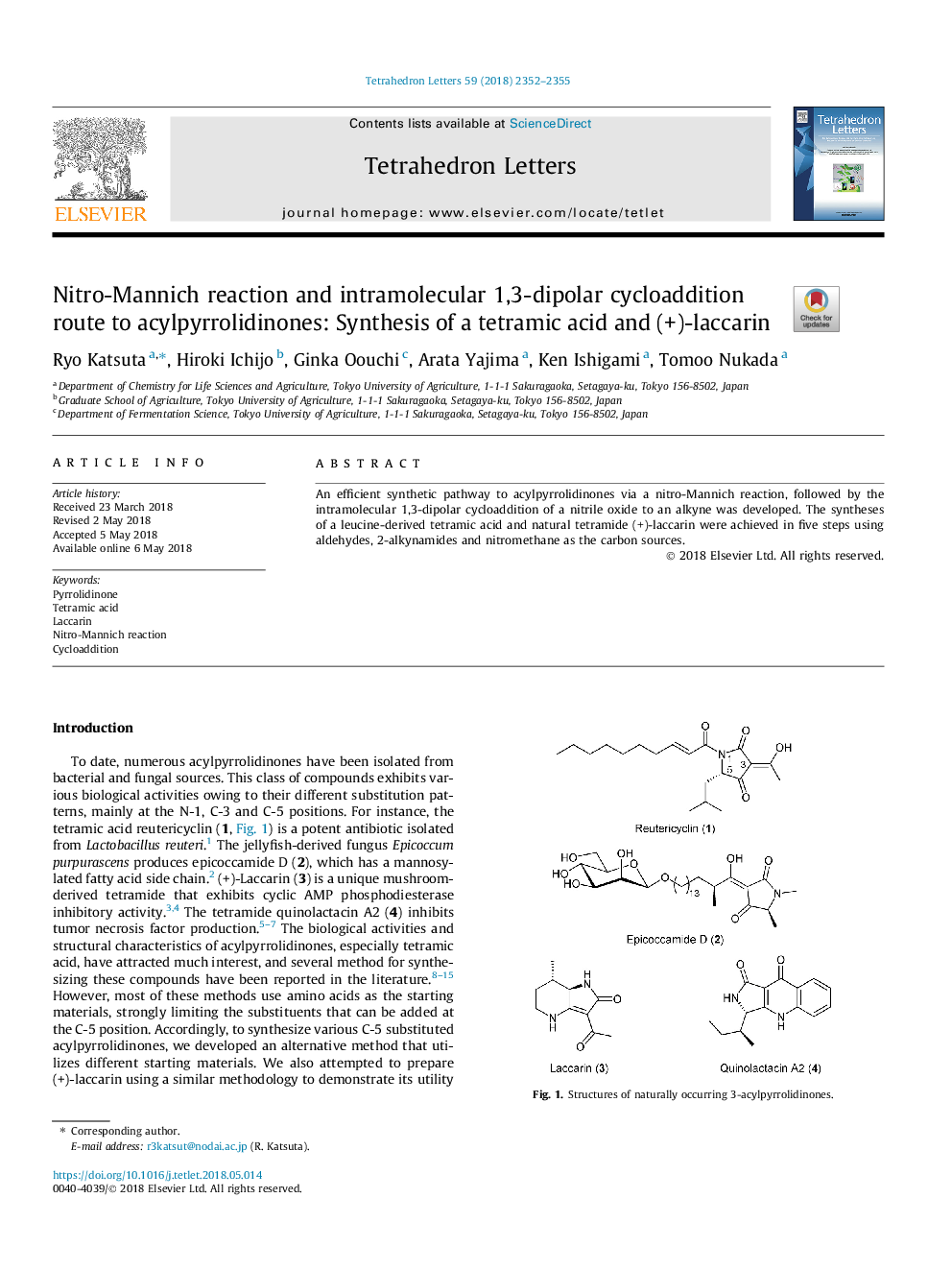 واکنش نیترو منیچ و مسیر متقاطع سدیم 1،3-دیوپور داخل مولکولی به آکیل پریرولیدینون: سنتز اسید تترامیک و (+) - لاکتارین 