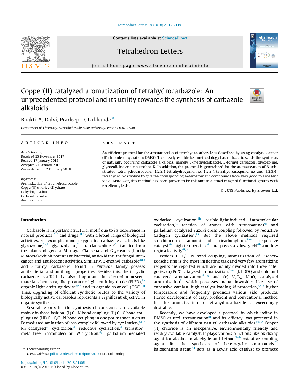 عکس صفحه اول مقاله: Copper(II) catalyzed aromatization of tetrahydrocarbazole: An unprecedented protocol and its utility towards the synthesis of carbazole alkaloids Copper(II) catalyzed aromatization of tetrahydrocarbazole: An unprecedented protocol and its utility towards the synthesis of carbazole alkaloids