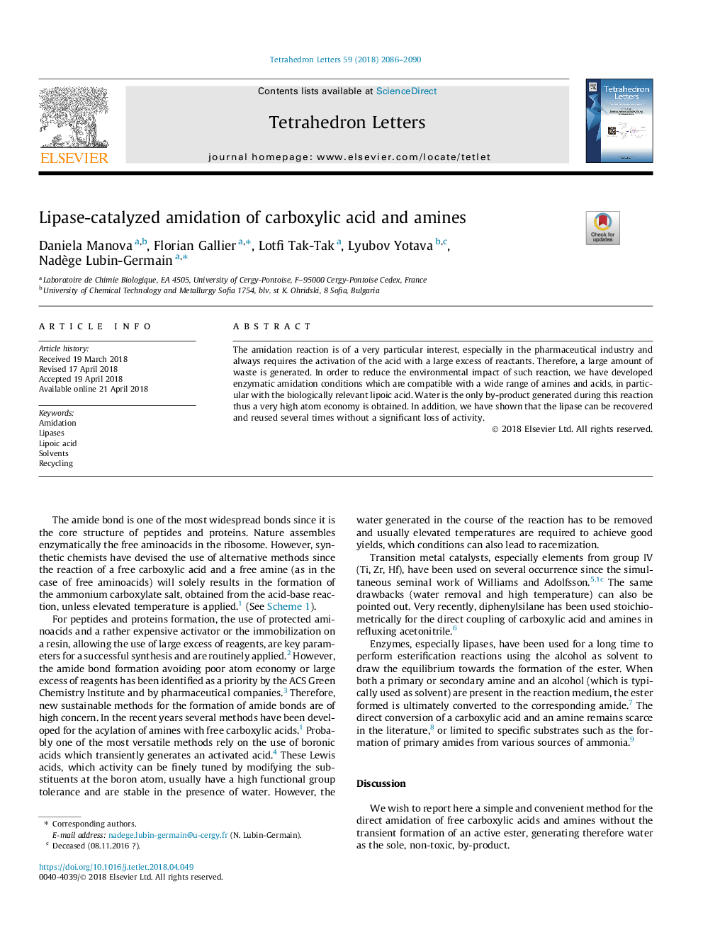 Lipase-catalyzed amidation of carboxylic acid and amines