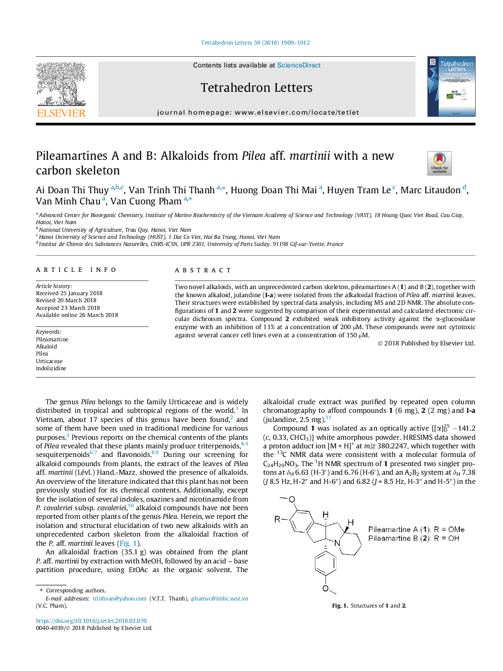 Pileamartines A and B: Alkaloids from Pilea aff. martinii with a new carbon skeleton