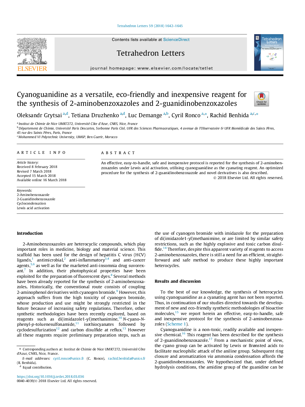 Cyanoguanidine as a versatile, eco-friendly and inexpensive reagent for the synthesis of 2-aminobenzoxazoles and 2-guanidinobenzoxazoles