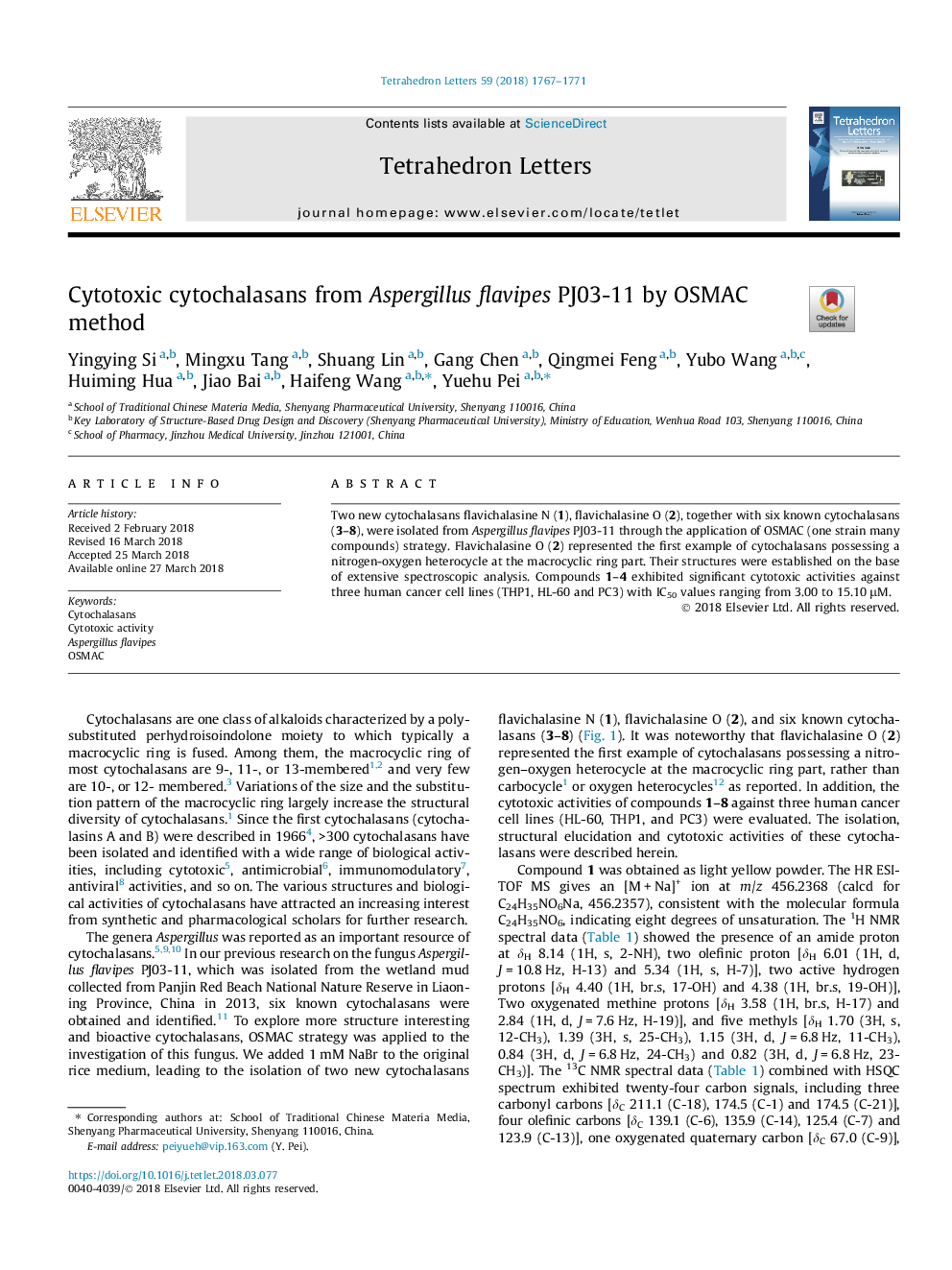 Cytotoxic cytochalasans from Aspergillus flavipes PJ03-11 by OSMAC method