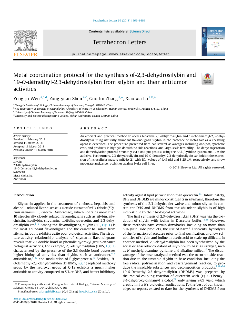 Metal coordination protocol for the synthesis of-2,3-dehydrosilybin and 19-O-demethyl-2,3-dehydrosilybin from silybin and their antitumor activities