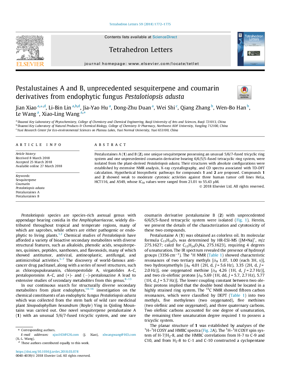 Pestalustaines A and B, unprecedented sesquiterpene and coumarin derivatives from endophytic fungus Pestalotiopsis adusta