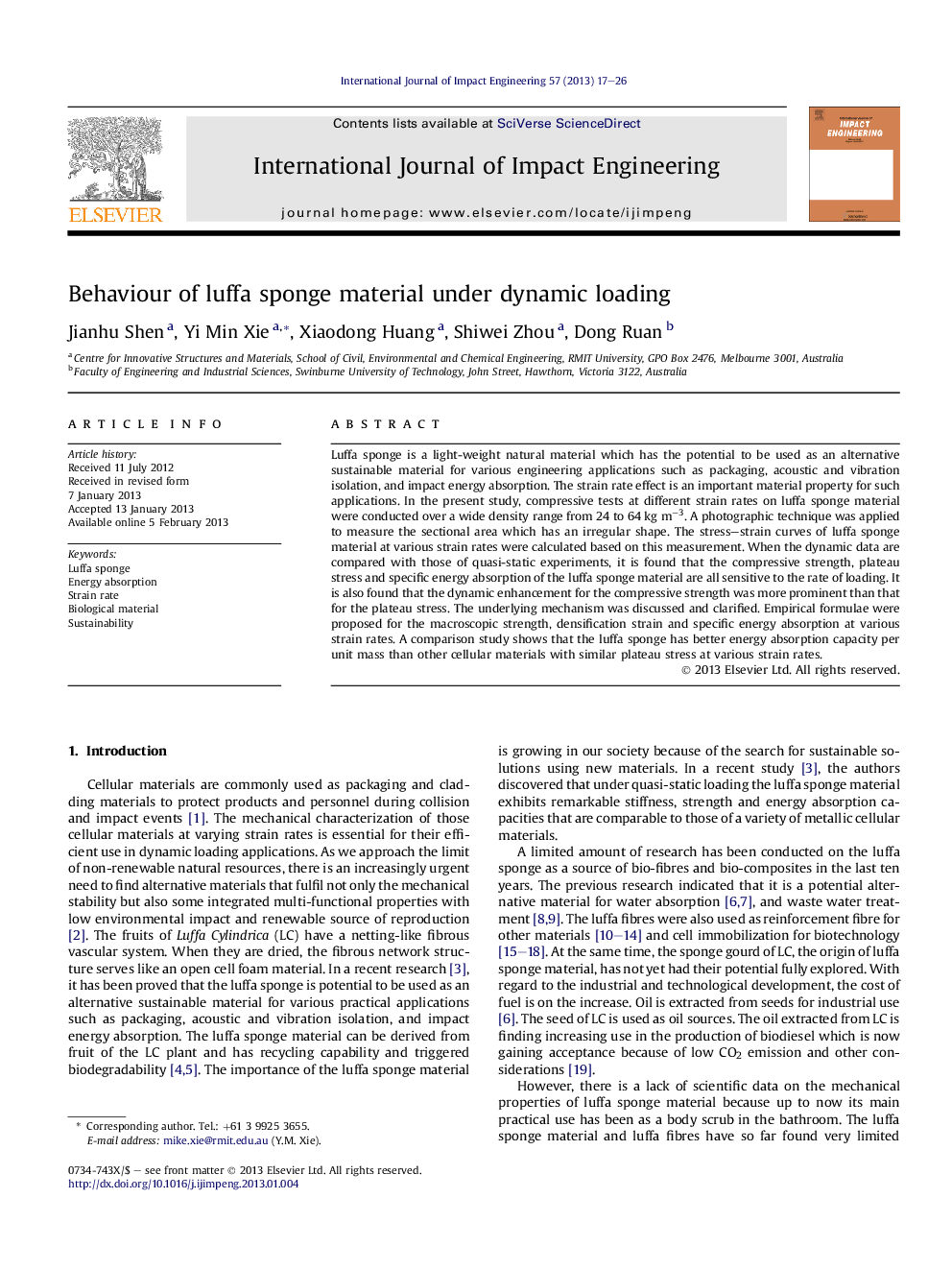 Behaviour of luffa sponge material under dynamic loading