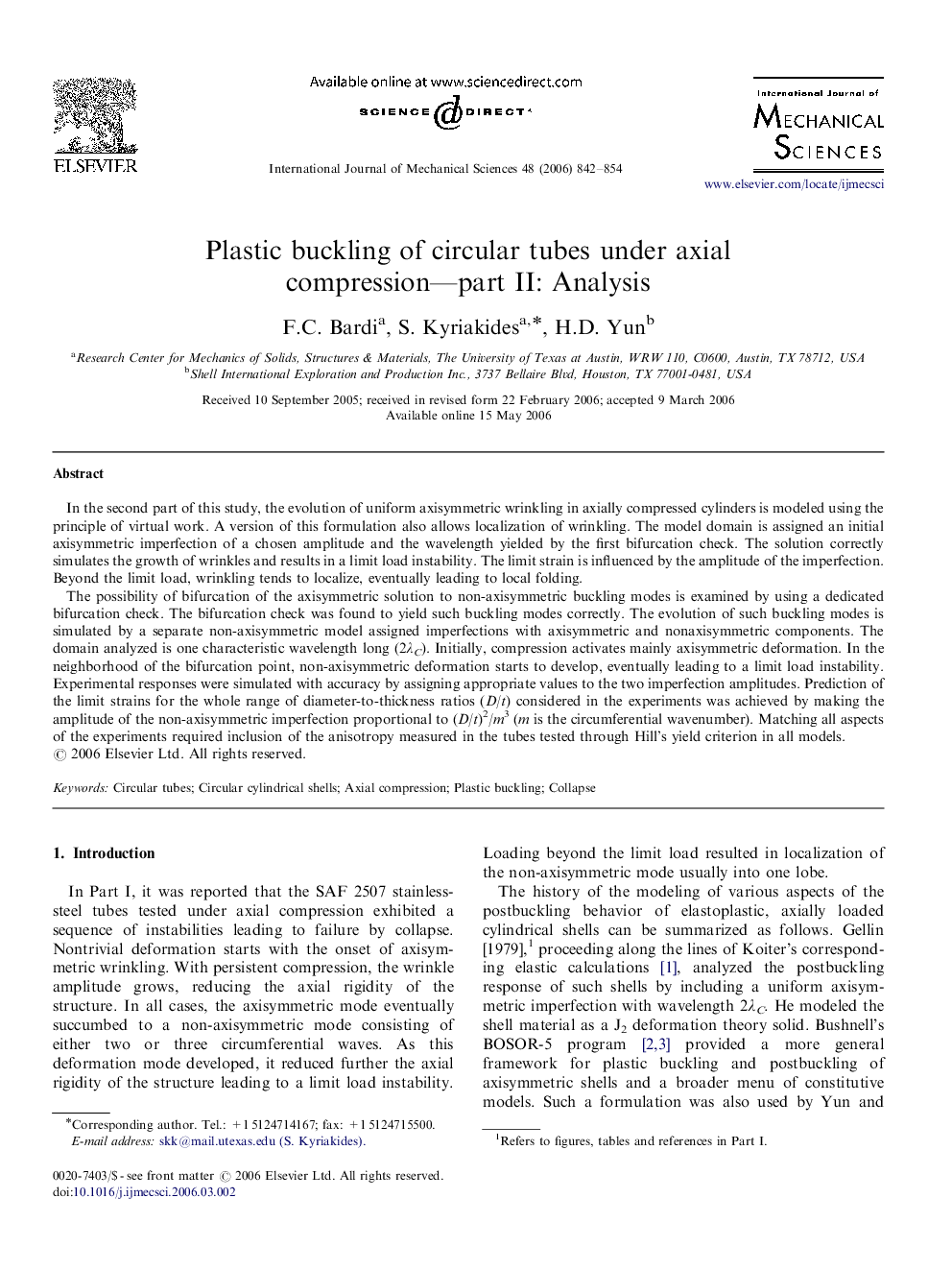 Plastic buckling of circular tubes under axial compression—part II: Analysis