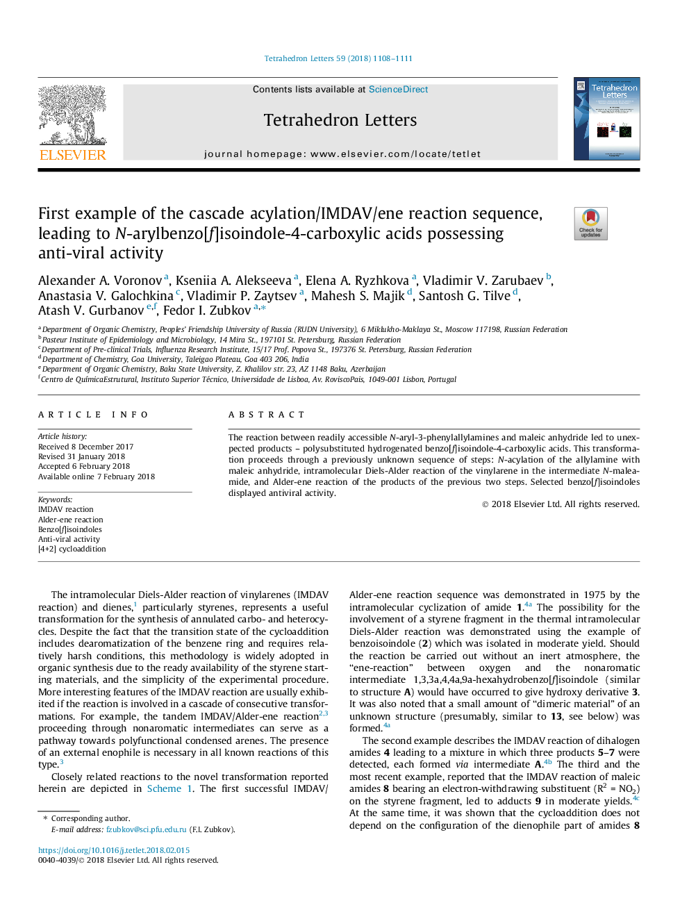 First example of the cascade acylation/IMDAV/ene reaction sequence, leading to N-arylbenzo[f]isoindole-4-carboxylic acids possessing anti-viral activity