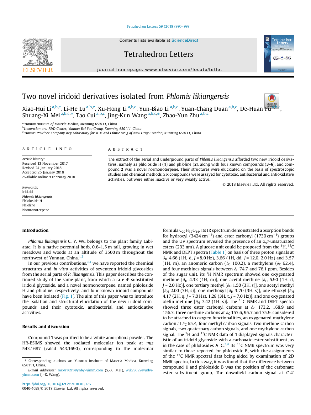 Two novel iridoid derivatives isolated from Phlomis likiangensis