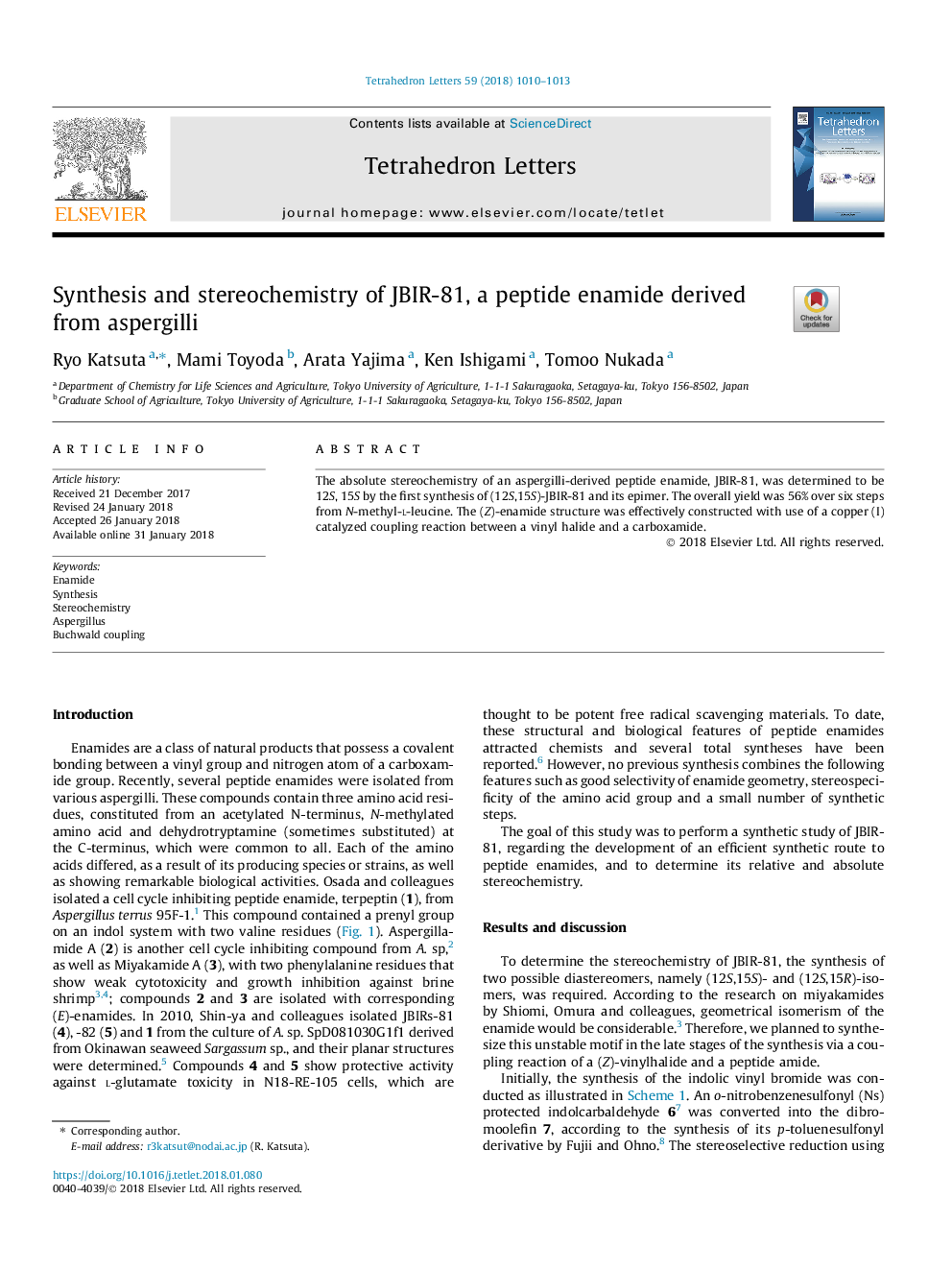 عکس صفحه اول مقاله: Synthesis and stereochemistry of JBIR-81, a peptide enamide derived from aspergilli Synthesis and stereochemistry of JBIR-81, a peptide enamide derived from aspergilli