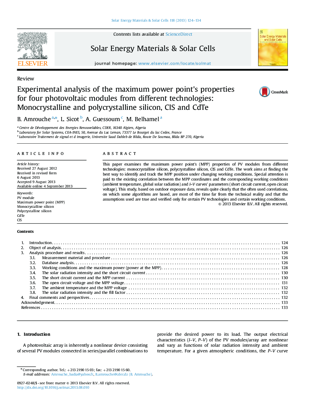 Experimental analysis of the maximum power point's properties for four photovoltaic modules from different technologies: Monocrystalline and polycrystalline silicon, CIS and CdTe