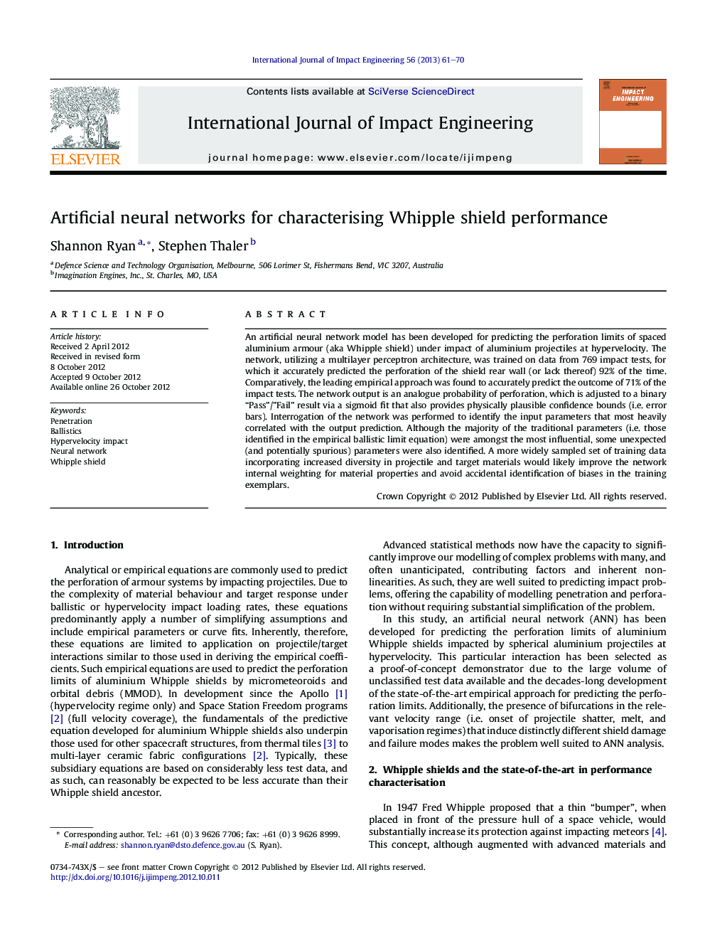 Artificial neural networks for characterising Whipple shield performance