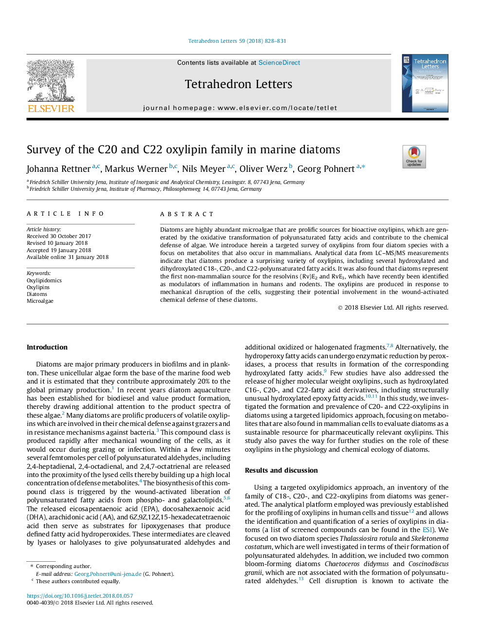 Survey of the C20 and C22 oxylipin family in marine diatoms