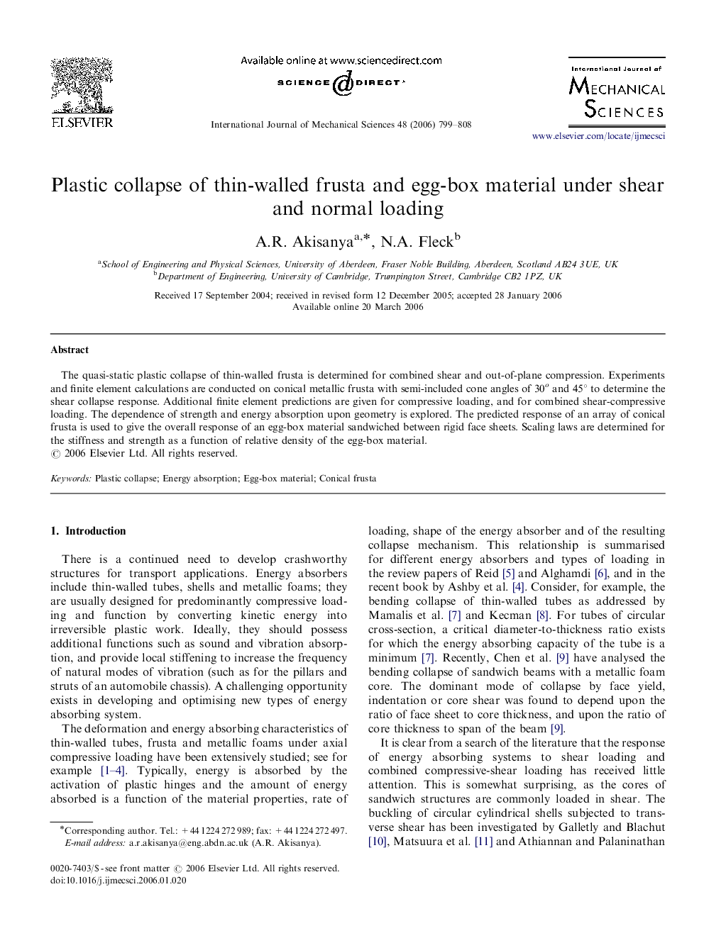 عکس صفحه اول مقاله: Plastic collapse of thin-walled frusta and egg-box material under shear and normal loading Plastic collapse of thin-walled frusta and egg-box material under shear and normal loading
