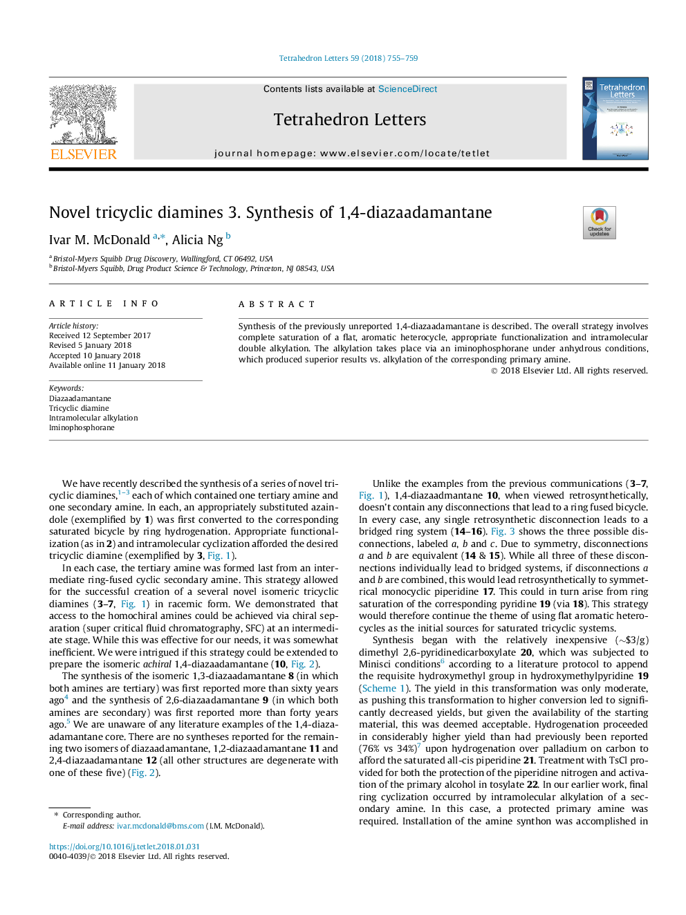 Novel tricyclic diamines 3. Synthesis of 1,4-diazaadamantane