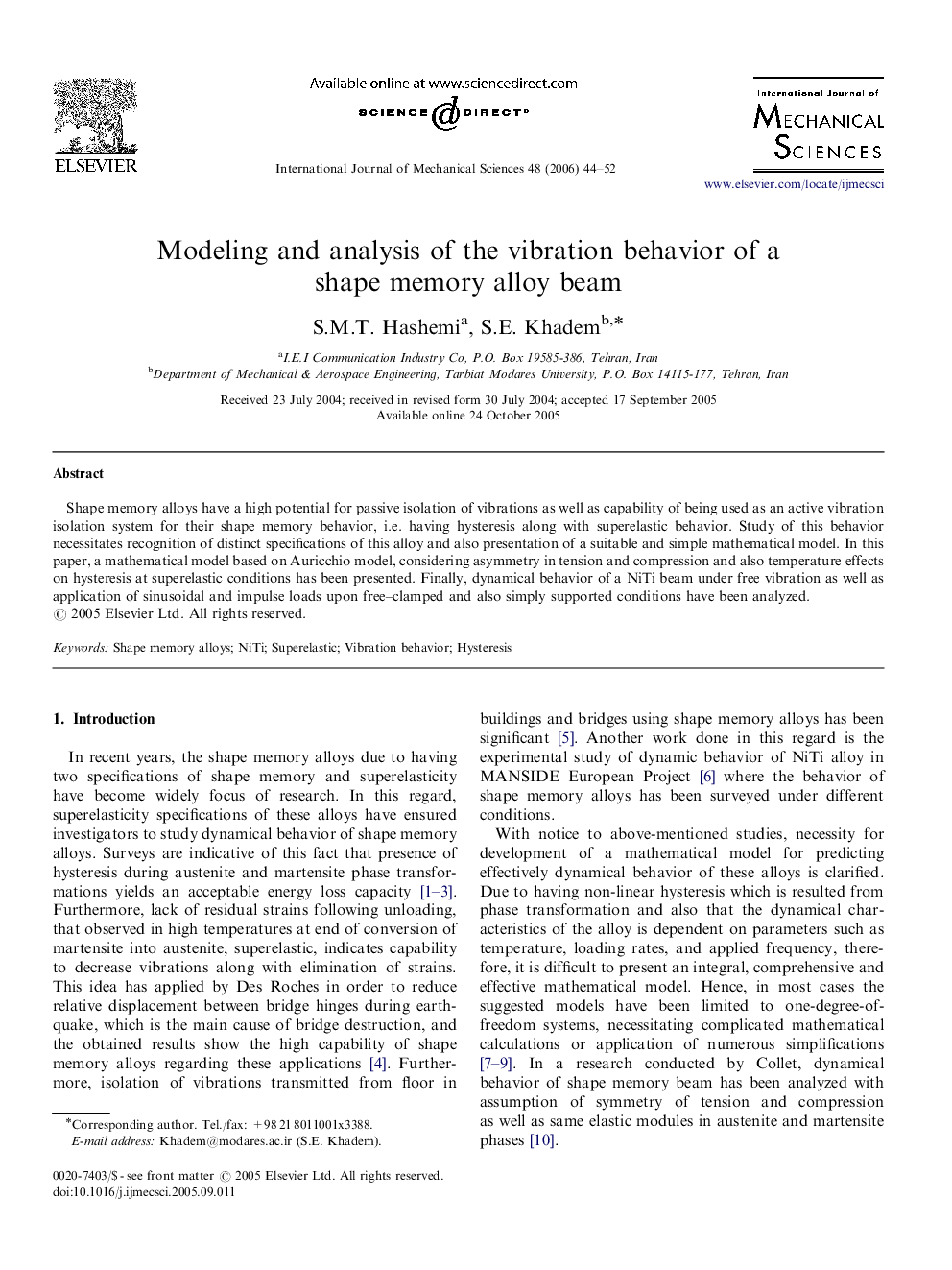 عکس صفحه اول مقاله: Modeling and analysis of the vibration behavior of a shape memory alloy beam Modeling and analysis of the vibration behavior of a shape memory alloy beam