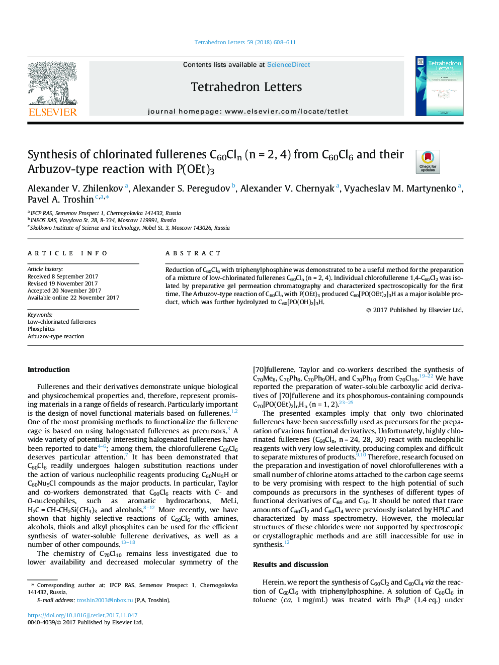 Synthesis of chlorinated fullerenes C60Cln (nâ¯=â¯2, 4) from C60Cl6 and their Arbuzov-type reaction with P(OEt)3