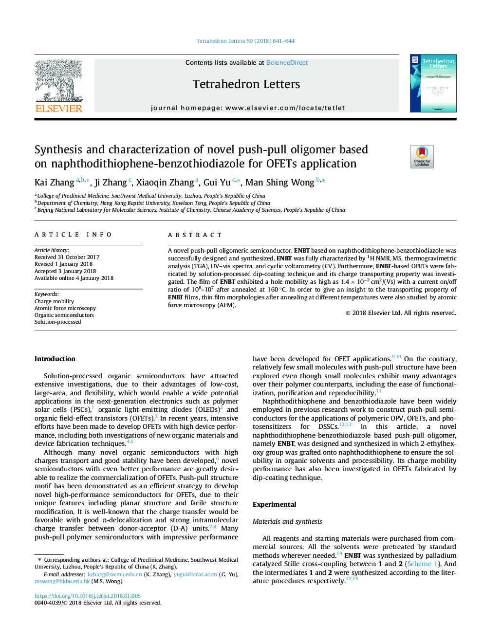 Synthesis and characterization of novel push-pull oligomer based on naphthodithiophene-benzothiodiazole for OFETs application