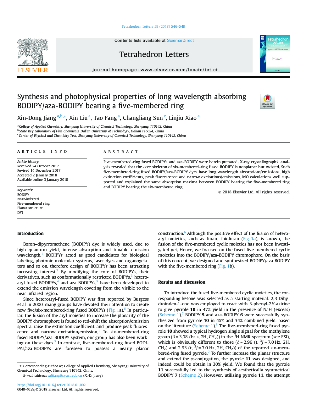 Synthesis and photophysical properties of long wavelength absorbing BODIPY/aza-BODIPY bearing a five-membered ring