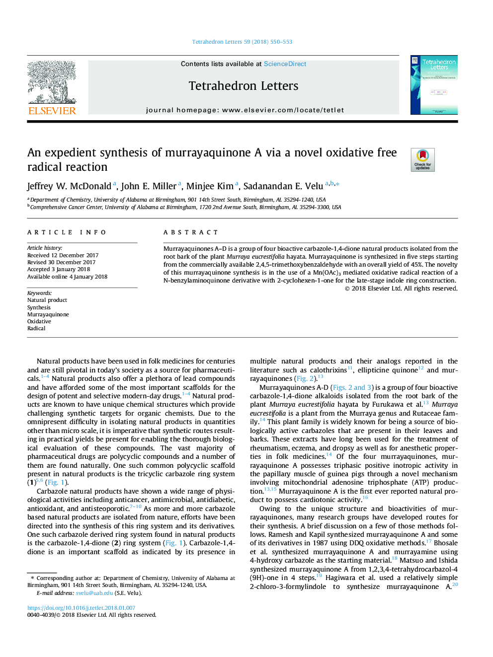 An expedient synthesis of murrayaquinone A via a novel oxidative free radical reaction