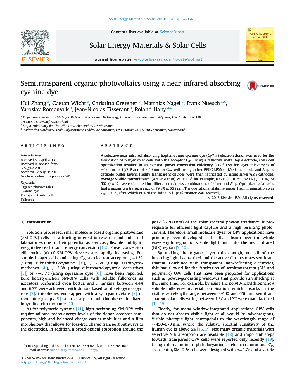 Semitransparent organic photovoltaics using a near-infrared absorbing cyanine dye