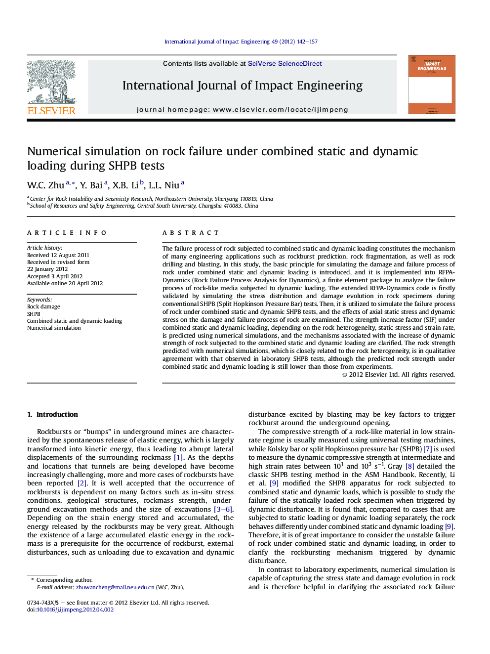 Numerical simulation on rock failure under combined static and dynamic loading during SHPB tests