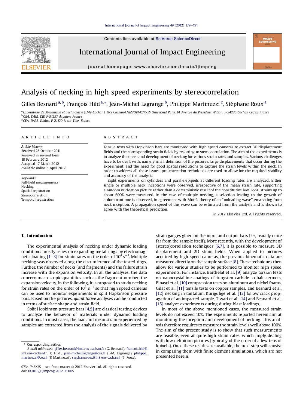 Analysis of necking in high speed experiments by stereocorrelation