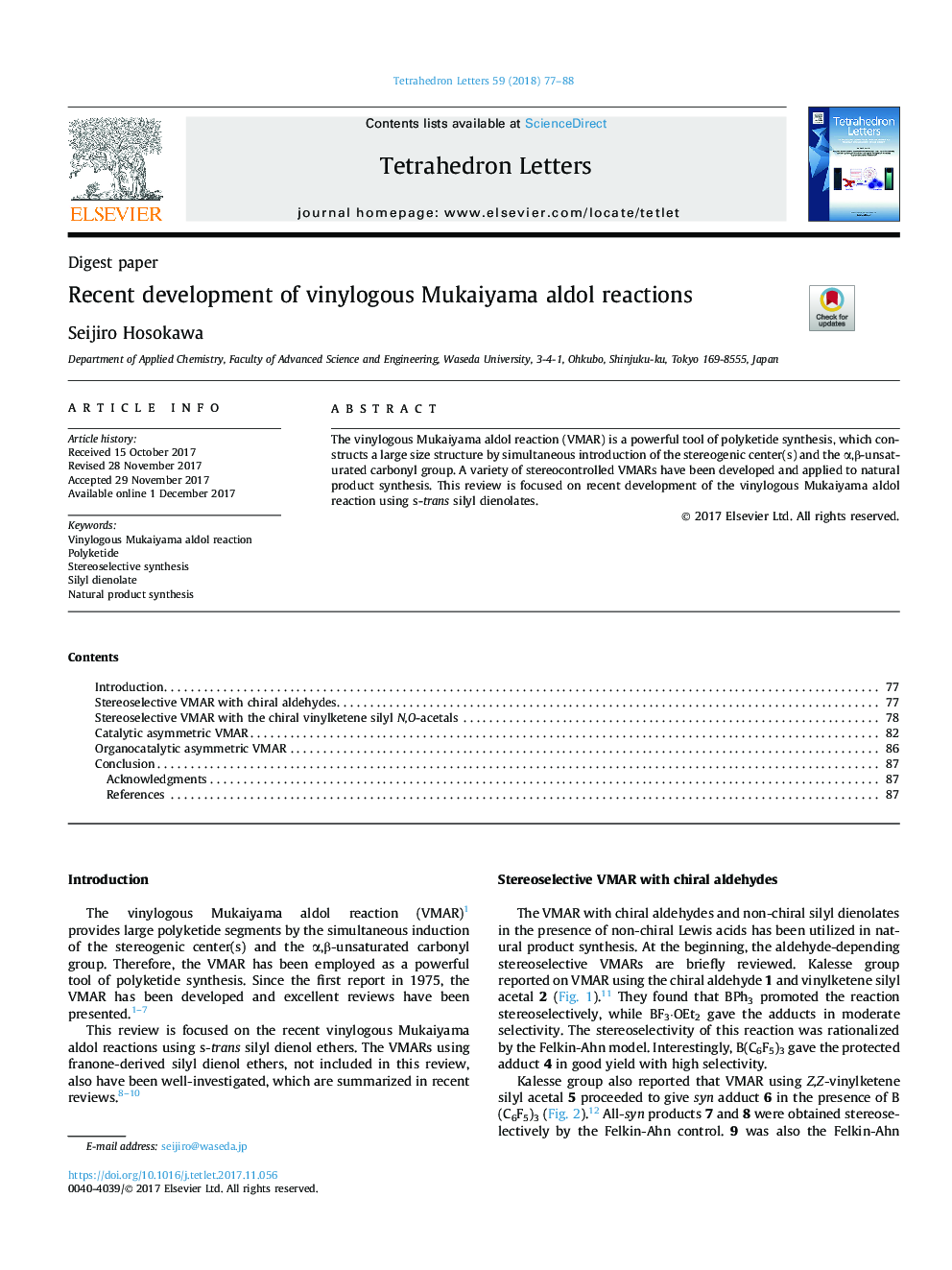 Recent development of vinylogous Mukaiyama aldol reactions