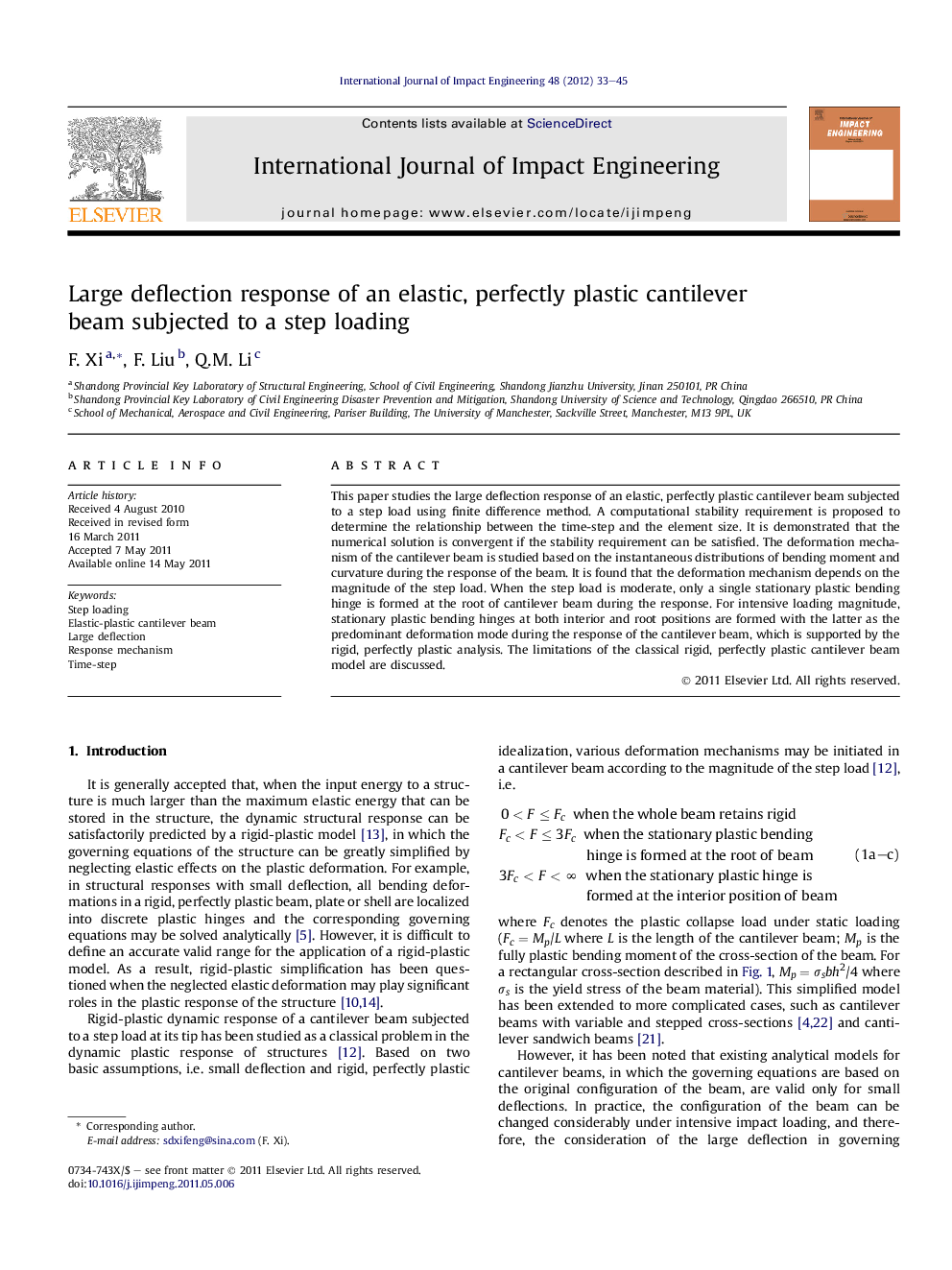 Large deflection response of an elastic, perfectly plastic cantilever beam subjected to a step loading