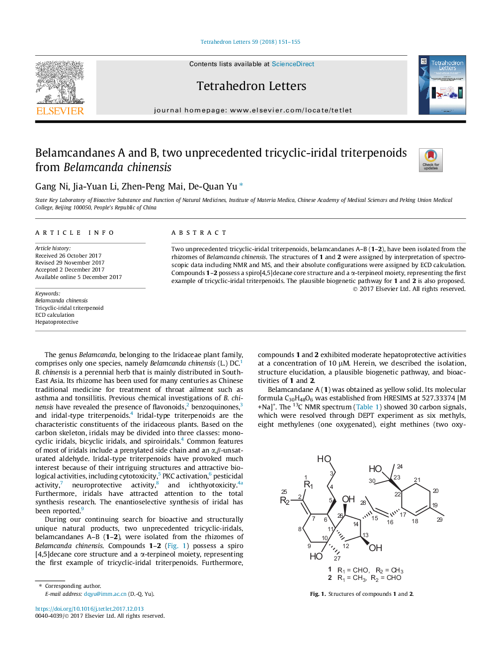 Belamcandanes A and B, two unprecedented tricyclic-iridal triterpenoids from Belamcanda chinensis