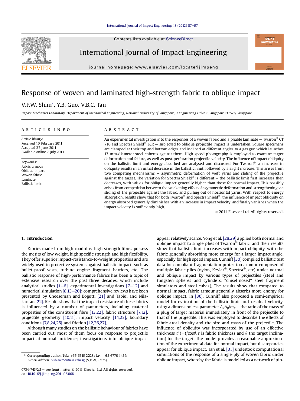 Response of woven and laminated high-strength fabric to oblique impact