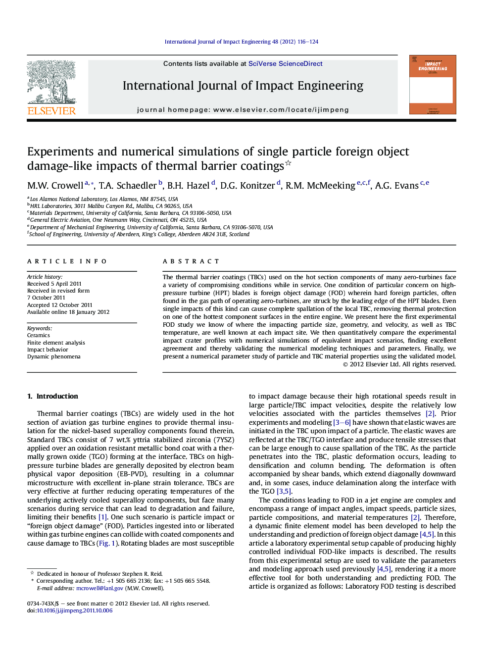 Experiments and numerical simulations of single particle foreign object damage-like impacts of thermal barrier coatings 