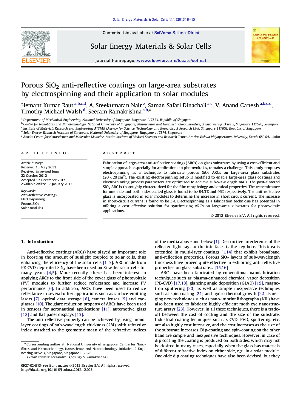 Porous SiO2 anti-reflective coatings on large-area substrates by electrospinning and their application to solar modules