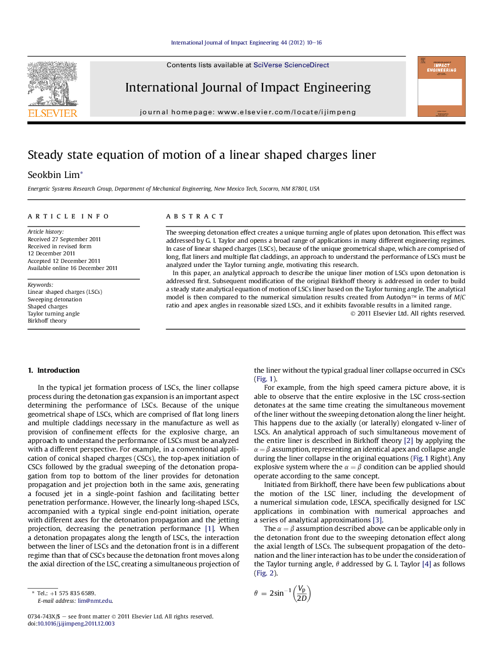 عکس صفحه اول مقاله: Steady state equation of motion of a linear shaped charges liner Steady state equation of motion of a linear shaped charges liner