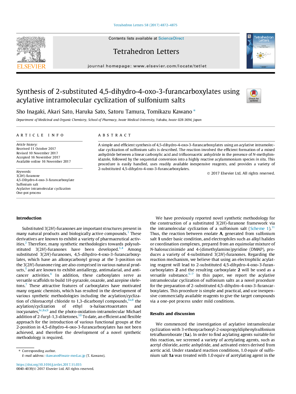 Synthesis of 2-substituted 4,5-dihydro-4-oxo-3-furancarboxylates using acylative intramolecular cyclization of sulfonium salts