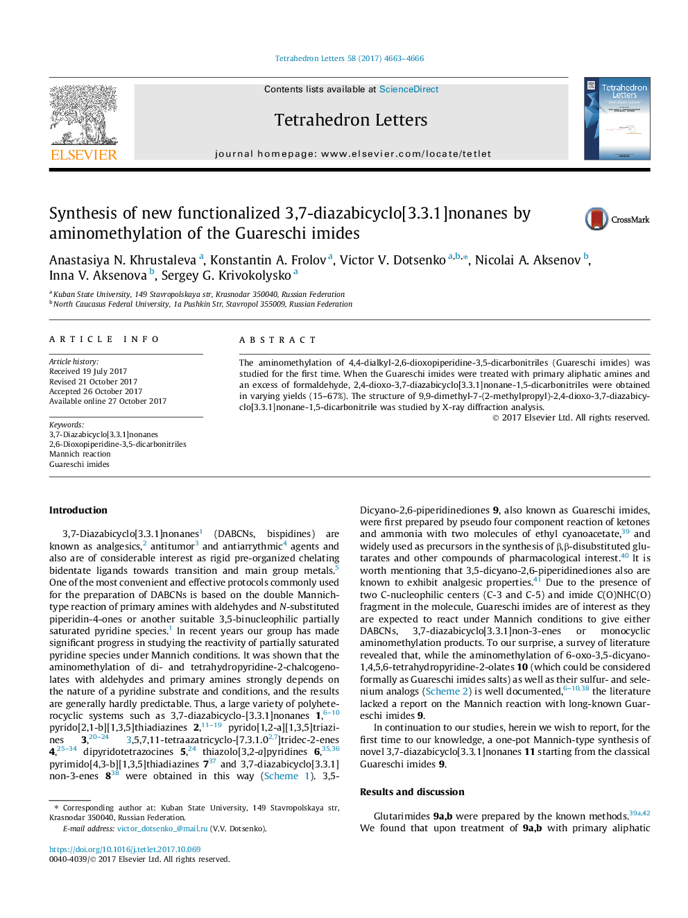 Synthesis of new functionalized 3,7-diazabicyclo[3.3.1]nonanes by aminomethylation of the Guareschi imides