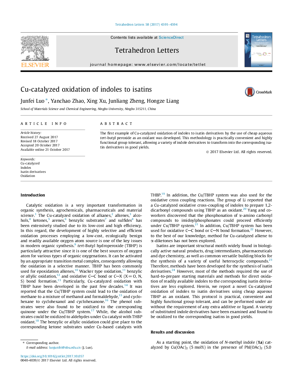 Cu-catalyzed oxidation of indoles to isatins