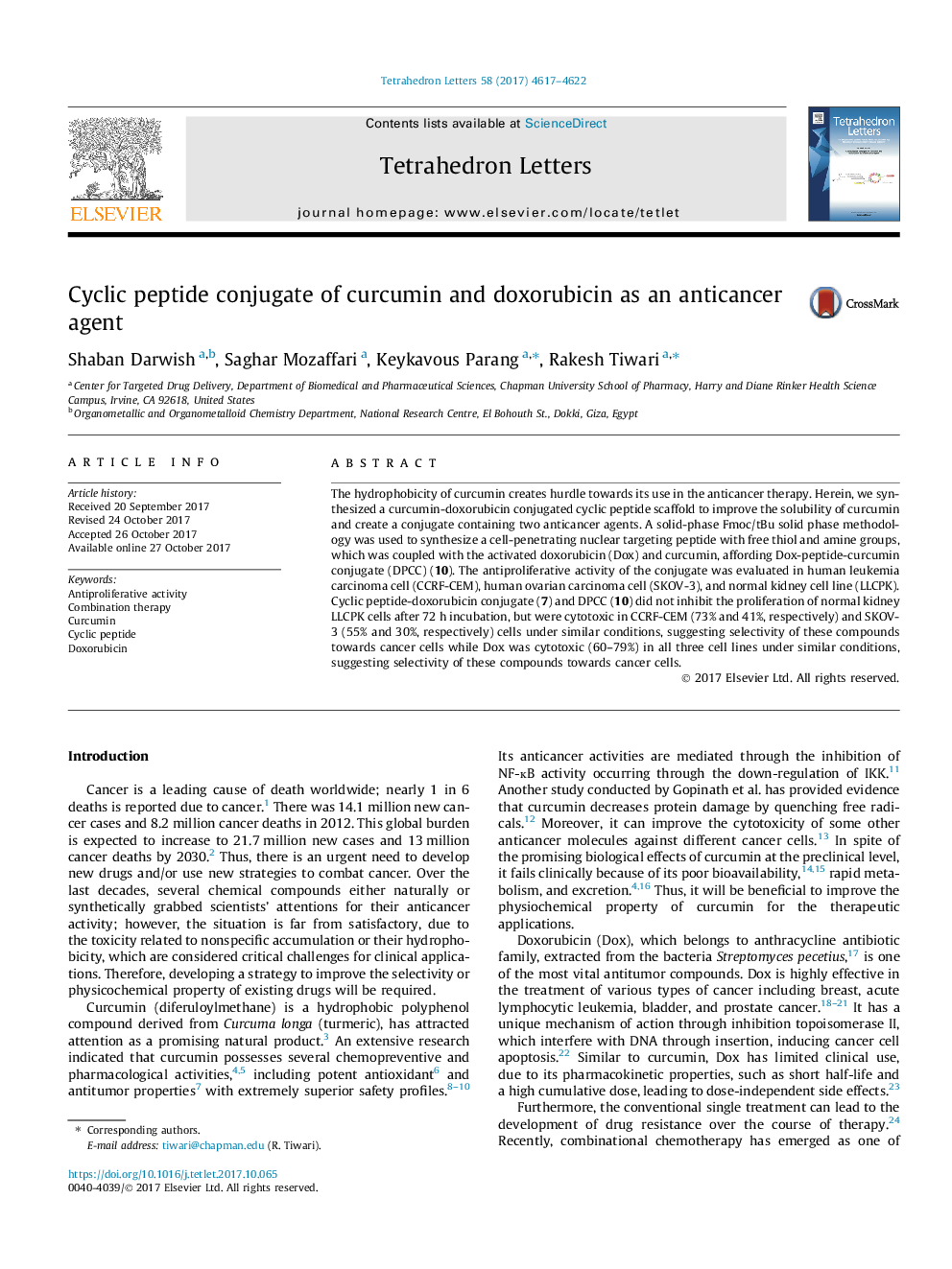 عکس صفحه اول مقاله: Cyclic peptide conjugate of curcumin and doxorubicin as an anticancer agent Cyclic peptide conjugate of curcumin and doxorubicin as an anticancer agent