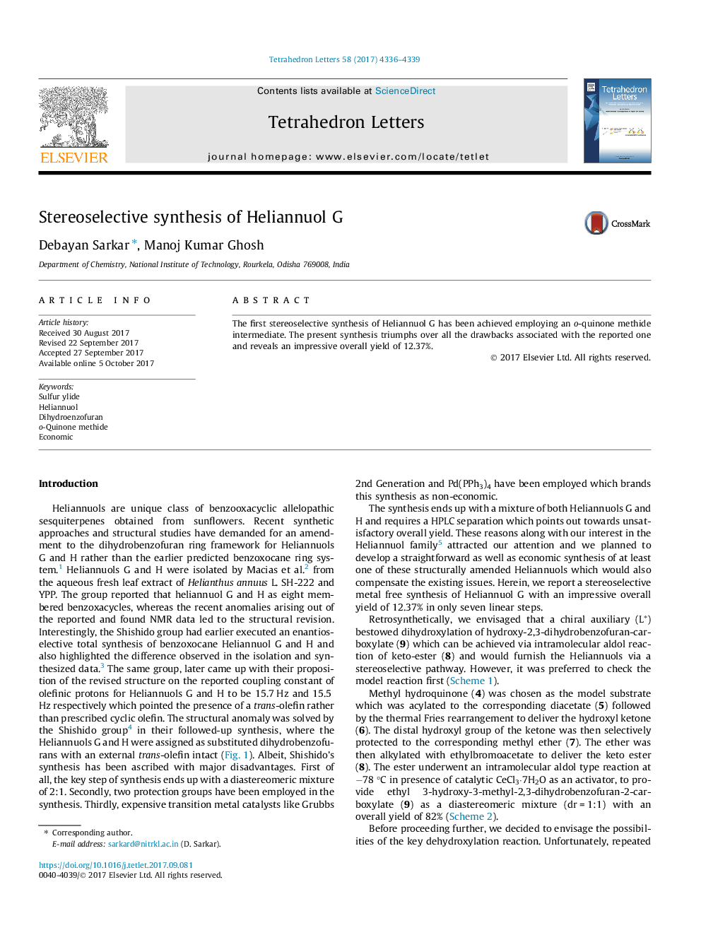 Stereoselective synthesis of Heliannuol G