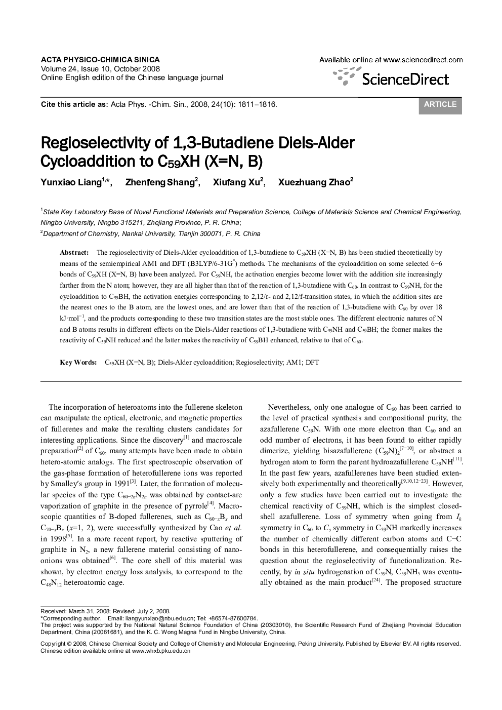 Regioselectivity of 1,3-Butadiene Diels-Alder Cycloaddition to C59XH (X=N, B)